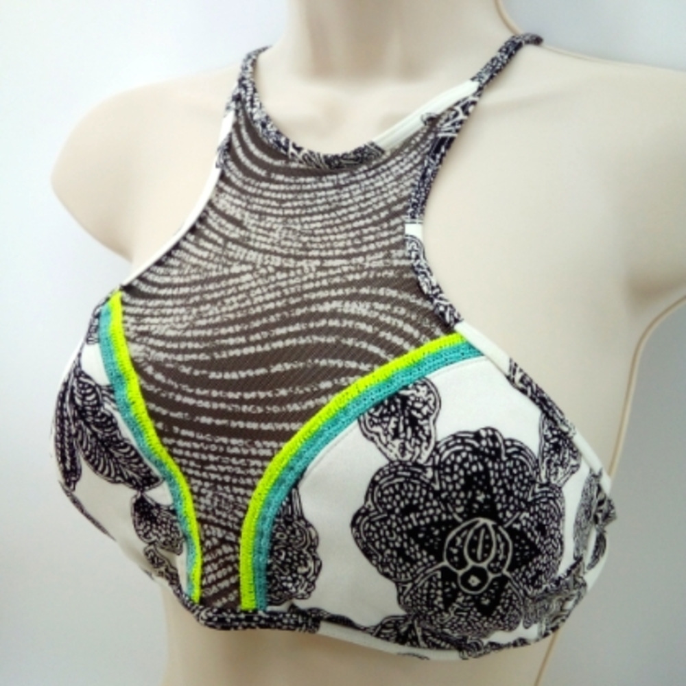 Victoria's Secret Halter Black White Floral Neon Tassel 2016 Collection S Bikini